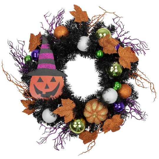 24&#x27;&#x27; Unlit Jack-O-Lantern in Witches Hat Halloween Pine Wreath